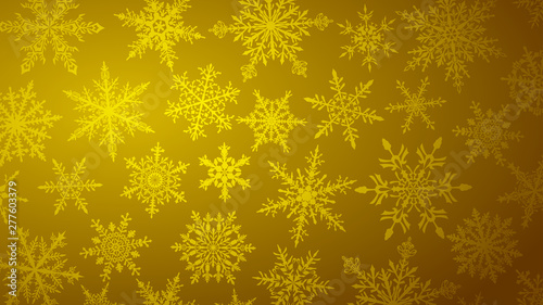 Christmas background with various complex big and small snowflakes in yellow colors