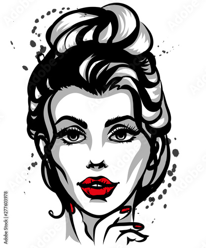 Portrait of a beautiful girl. Graphic, hand-drawn sketch of a portrait of a beautiful girl with bright red lips.