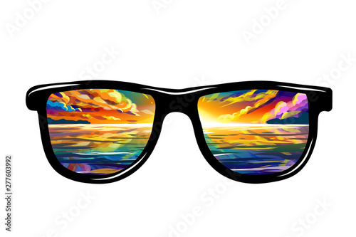Sunglasses with sunset reflection on the sea. Color art image points with the reflection of the beautiful sunset and the sea. © AnastasiaOsipova