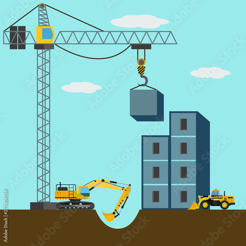 Construction site, machines building a building vector illustration