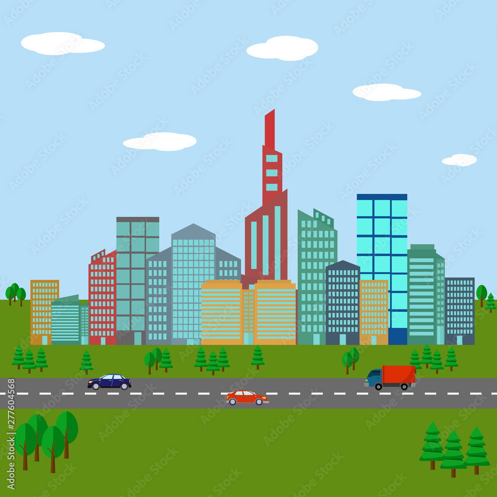 City landscape, urban, various buildings vector illustration