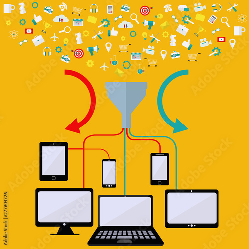 Creative process, big data filter, data tunnel, analysis, devices vector concept