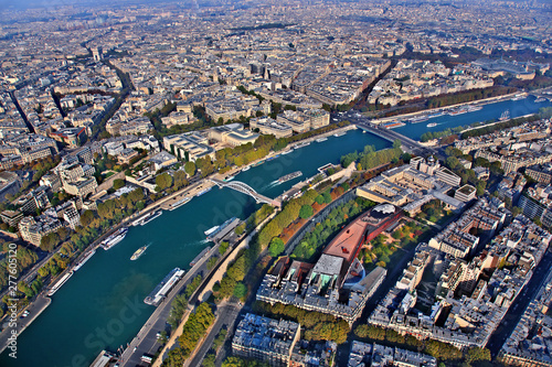 Panoramic view of Paris and Seine river from the top of Eiffel Tower, Paris, France 