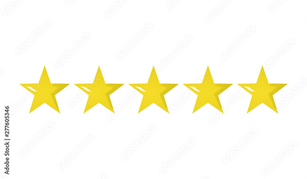 3d illustration of five golden yellow stars in a row - best, top quality concept graphic representation 3d illustration of five golden yellow stars in a row - best, top quality concept graphic representation