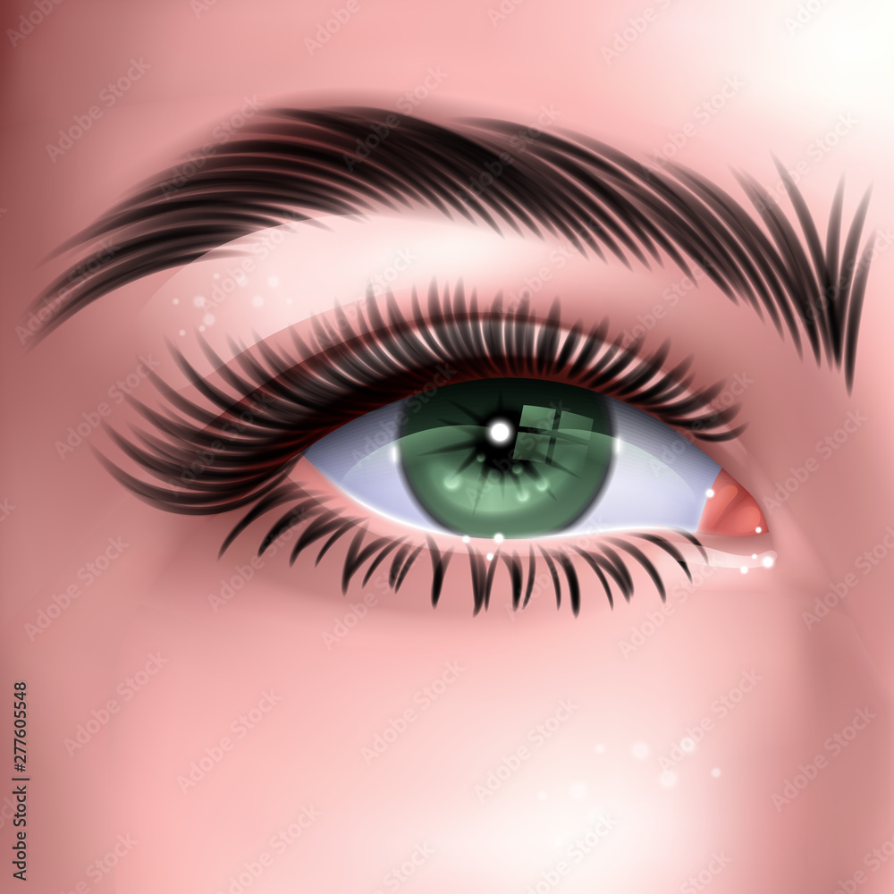 Fototapeta premium Beautiful green woman's eye, with long cilia, eye in realistic style, vector illustration