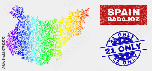 Component Badajoz Province map and blue 21 Only distress seal stamp. Spectral gradient vector Badajoz Province map mosaic of tools parts. Blue round 21 Only seal.