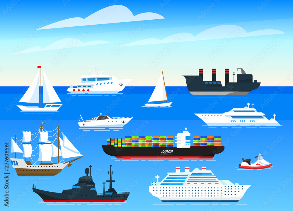 Sea ships background. Set of sailboats and cargo boats sailing on blue water. Transport sailors for world travel. Summer poster or banner for a web site. Vector illustration in cartoon style.