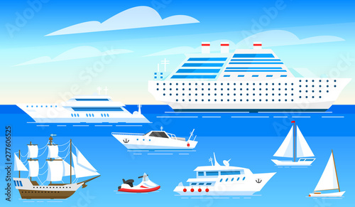 Sea ships background. Set of sailboats and boats sailing on blue water. Transport sailors for world travel. Summer poster or banner for a web site. Vector illustration in cartoon style.