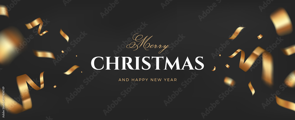 Merry Christmas vector design. Black golden background with flying gold ...