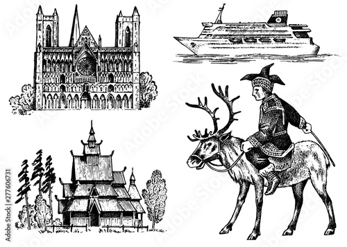 Norway culture. Set of national symbols. Norwegian Cathedral, wooden church, horseman in costume, ship for sea travel. Hand drawn engraved sketch in vintage style.