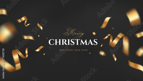 Merry Christmas vector design. Black golden background with flying gold confetti and congratulations text. Elegant festive decoration, gift card or web banner template