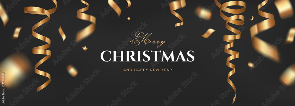 Merry Christmas vector banner design. Black golden background with ...