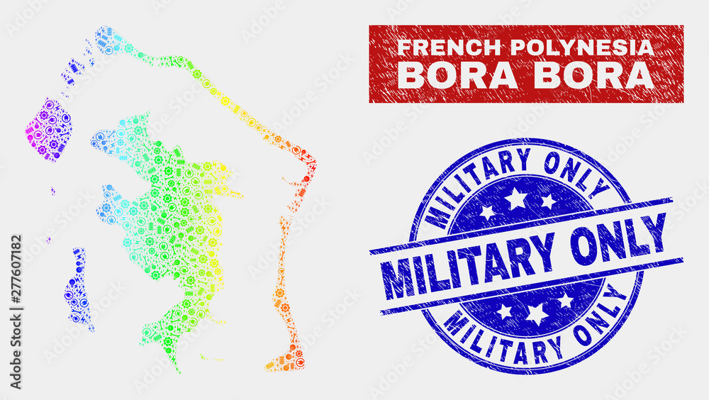 Construction Bora-Bora map and blue Military Only textured seal. Spectral gradient vector Bora-Bora map mosaic of equipment elements. Blue round Military Only seal.