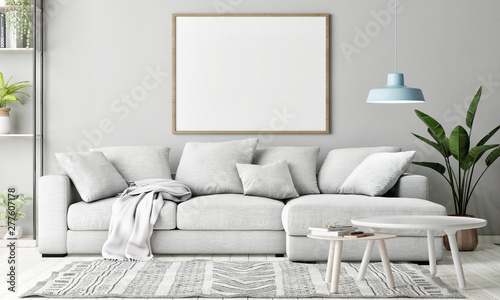 Mock up poster in Living room, Scandinavian decoration, 3d render, 3d illustration