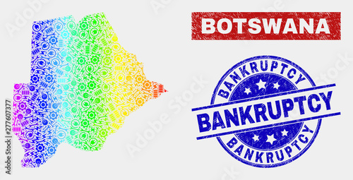 Service Botswana map and blue Bankruptcy grunge seal stamp. Rainbow colored gradient vector Botswana map mosaic of mechanics parts. Blue round Bankruptcy badge.