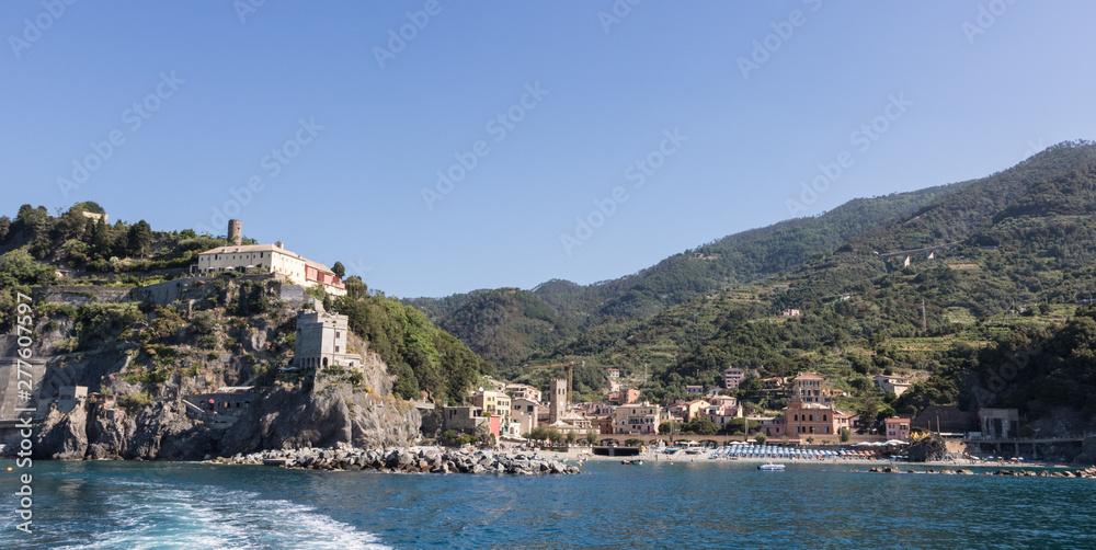 The Cinque Terre is a coastal area within Liguria, in the northwest of Italy. View from the sea.