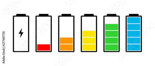 Battery charge indicator icons set. Charging level full power low to high up and electric plug. Gadget energy status vector illustration