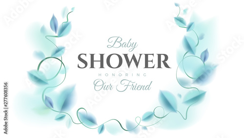 Baby shower background with blue silk leaves and ornate decoration