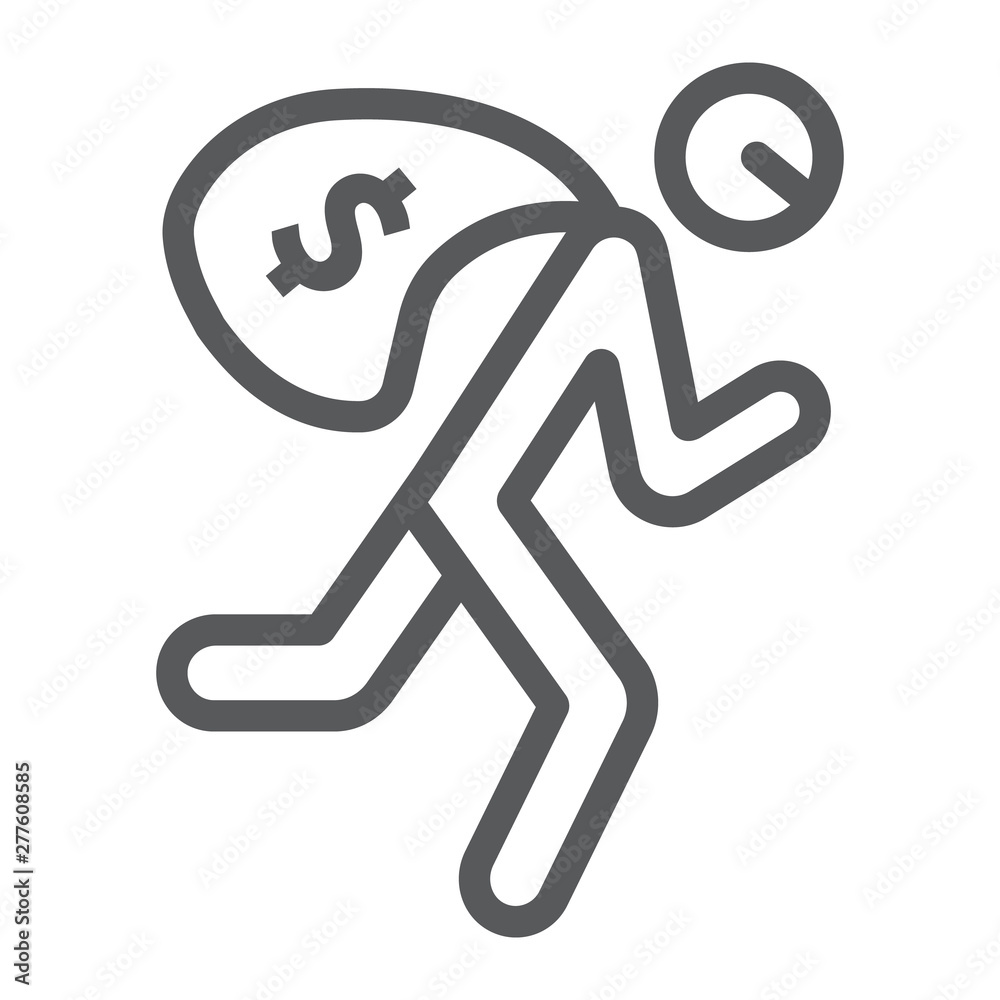 Robbery line icon, crime and burglary, thief with money bag sign, vector graphics, a linear pattern on a white background. Robbery line icon, crime and burglary, thief with money bag sign, vector graphics, a linear pattern on a white background.