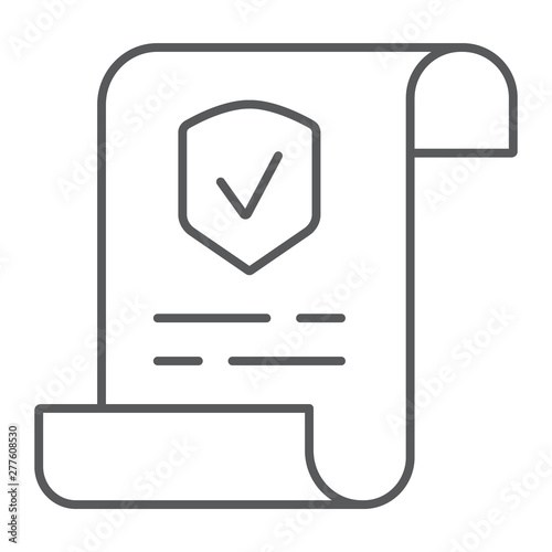 Policy thin line icon, document and contract, insurance paper sign, vector graphics, a linear pattern on a white background.