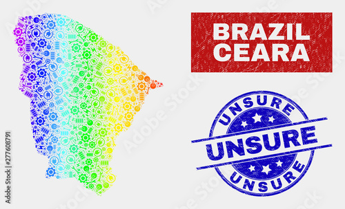 Constructor Ceara state map and blue Unsure scratched seal stamp. Spectrum gradient vector Ceara state map mosaic of workshop. Blue rounded Unsure seal.