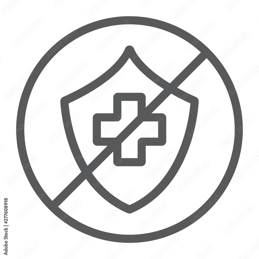 Uninsured line icon, protection and life, crossed shield sign, vector graphics, a linear pattern on a white background. Uninsured line icon, protection and life, crossed shield sign, vector graphics, a linear pattern on a white background.