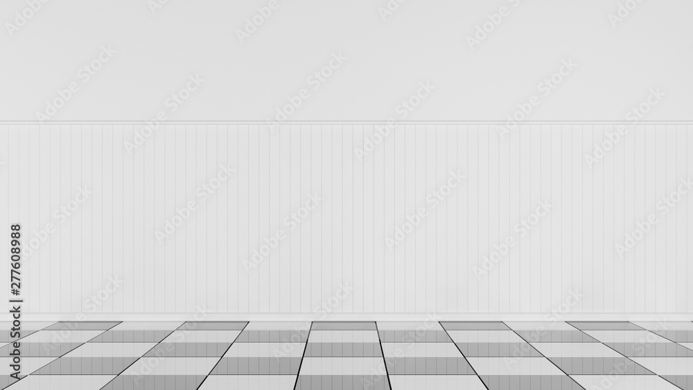 Backgroung white wood planks wall and retro checker black white floor. 3d. 60s 70s 80s