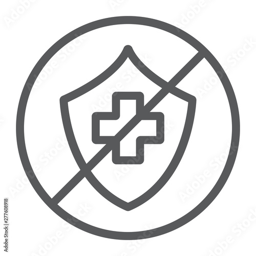 Uninsured line icon, protection and life, crossed shield sign, vector graphics, a linear pattern on a white background.