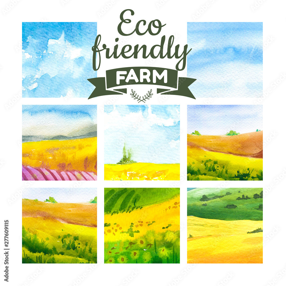Set of watercolor illustration with landscape sunflower fields. Nature ...