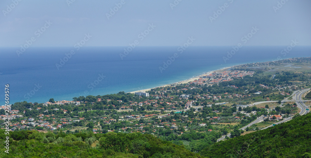 Panorama view to old village from the Olympus mountain. Coastline. Greece