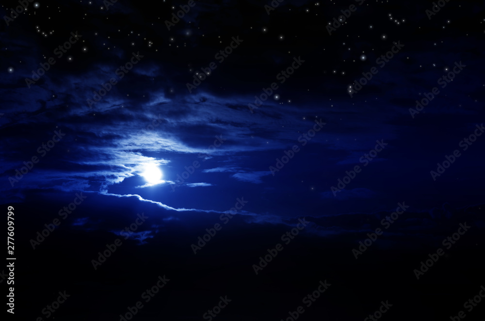Background night sky with stars, moon and clouds.