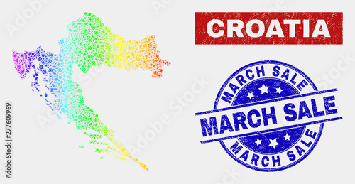 Constructor Croatia map and blue March Sale grunge seal. Colorful gradient vector Croatia map mosaic of equipment items. Blue rounded March Sale seal.