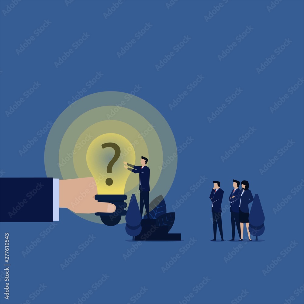 Business team put question mark on idea bulb metaphor of power of ...