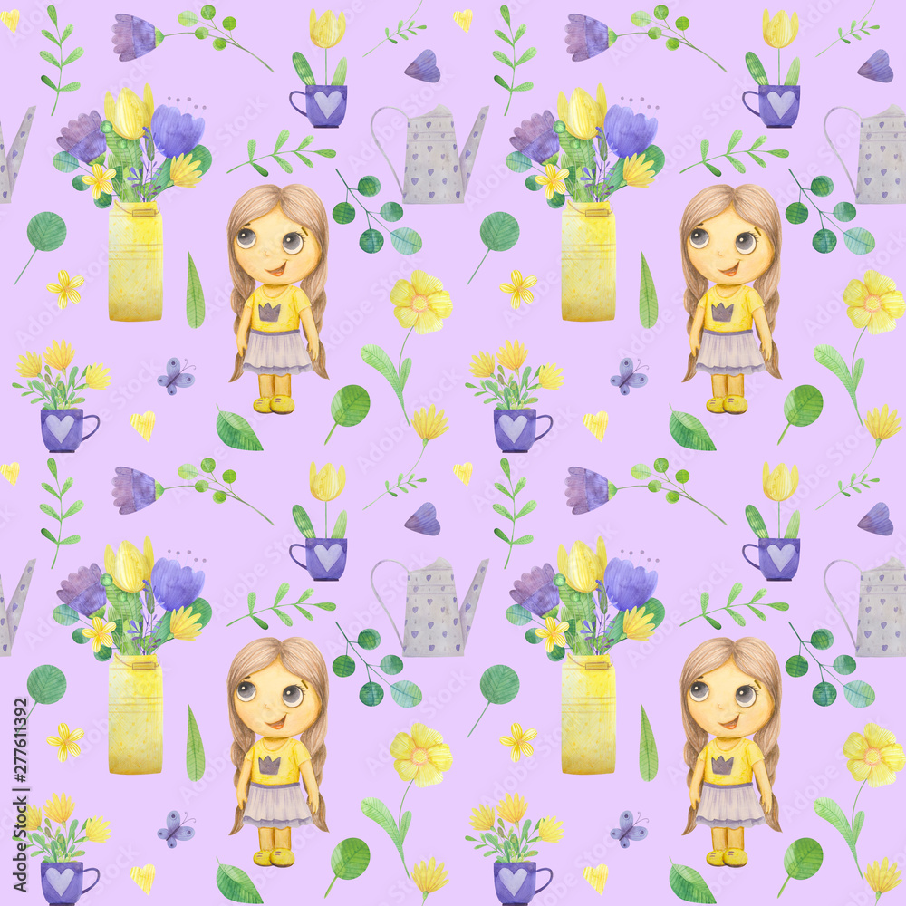 seamless pattern with cute watercolor illustration of girl and stylized flowers. seamless pattern with cute watercolor illustration of girl and stylized flowers.