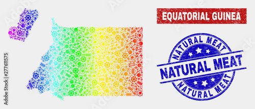 Productivity Equatorial Guinea map and blue Natural Meat textured stamp. Spectrum gradient vector Equatorial Guinea map mosaic of machinery parts. Blue round Natural Meat stamp.