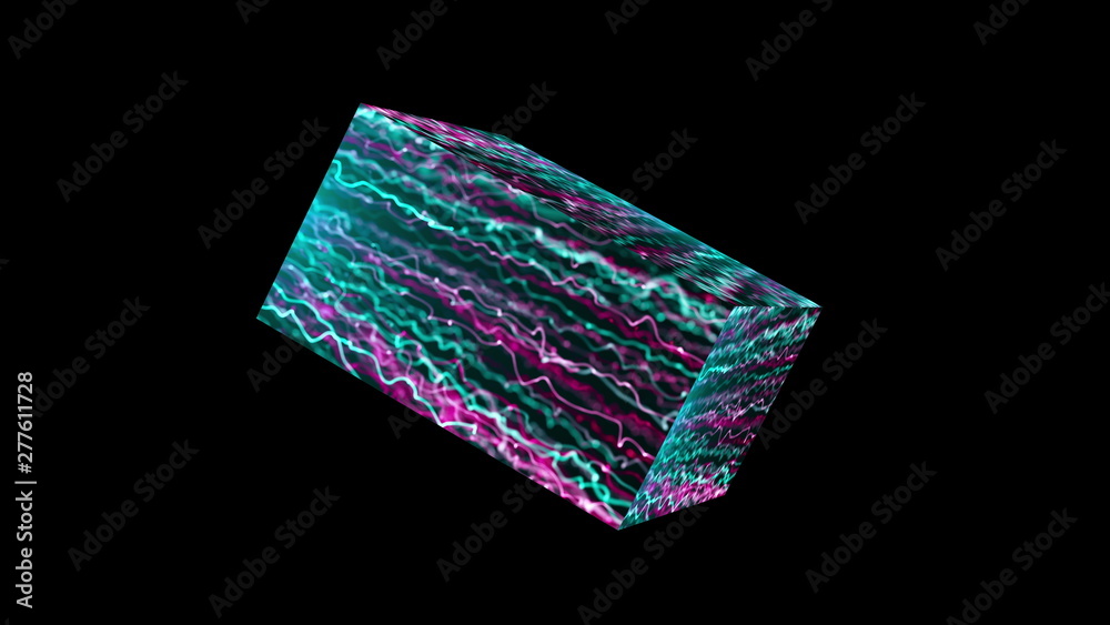 Cube with bright surface is in the space, 3d rendering backdrop, computer generating background
