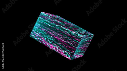 Cube with bright surface is in the space, 3d rendering backdrop, computer generating background