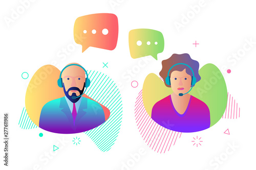 Call center customer online help service icon set. Male and female online assistant working in headphones and speech bubbles. Support character gradient vector illustration