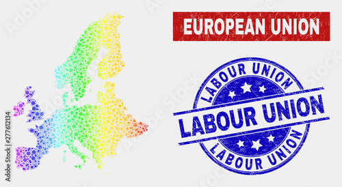 Construction European Union map and blue Labour Union scratched seal. Spectral gradient vector European Union map mosaic of mechanic components. Blue rounded Labour Union seal.