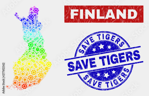 Engineering Finland map and blue Save Tigers textured seal. Rainbow colored gradient vector Finland map mosaic of engineering units. Blue rounded Save Tigers seal.