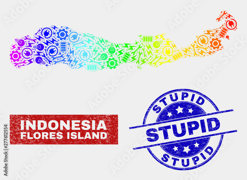 Productivity Flores Island of Indonesia map and blue Stupid scratched stamp. Rainbow colored gradient vector Flores Island of Indonesia map mosaic of productivity elements. Blue rounded Stupid stamp.