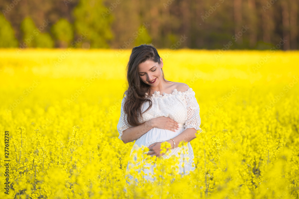 portrait of a beautiful pregnant girl. Belly of a pregnant woman in a yellow field. portrait of a beautiful pregnant girl. Belly of a pregnant woman in a yellow field.