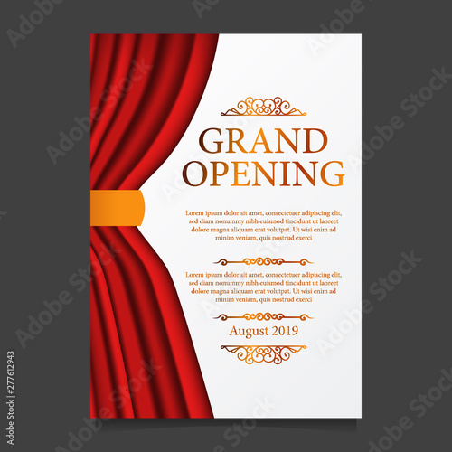 Grand opening party ceremony with illustration of red curtain silk with white background