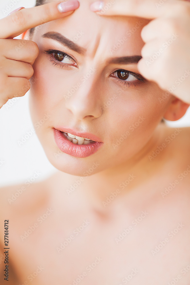 Problem Skin. Woman Crushing Spot On Face And Looking In Mirror Problem Skin. Woman Crushing Spot On Face And Looking In Mirror