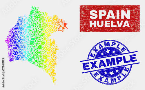 Construction Huelva Province map and blue Example distress seal. Rainbow colored gradiented vector Huelva Province map mosaic of equipment items. Blue round Example seal.