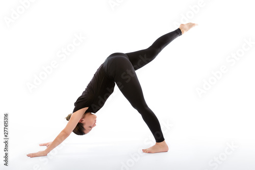 Eka Pada Adho Mukha Svanasana pose (Downward facing dog split). Yoga poses woman isolated with white background. Yoga pose set. Mindfulness and Spiritually concept. Girl practicing Hatha Yoga asanas