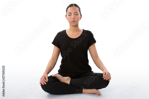Sukhasana pose (half lotus pose). Meditation Pose. Yoga poses woman isolated with white background. Yoga pose set. Mindfulness and Spiritually concept. Girl practicing Hatha Yoga asanas
