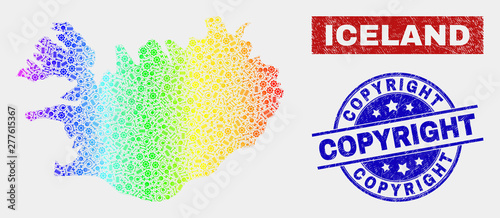 Tools Iceland map and blue Copyright textured seal stamp. Spectral gradiented vector Iceland map mosaic of machinery components. Blue round Copyright seal.