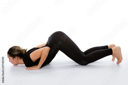 Ashtanganasana pose (caterpillar pose).. Yoga poses woman isolated with white background. Yoga pose set. Mindfulness and Spiritually concept. Girl practicing Hatha Yoga asanas