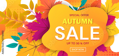 Colorful banner advertising an Autumn Sale with 50 percent discounts and special offers with text on abstract orange surrounded by leaves. Vector Illustration.